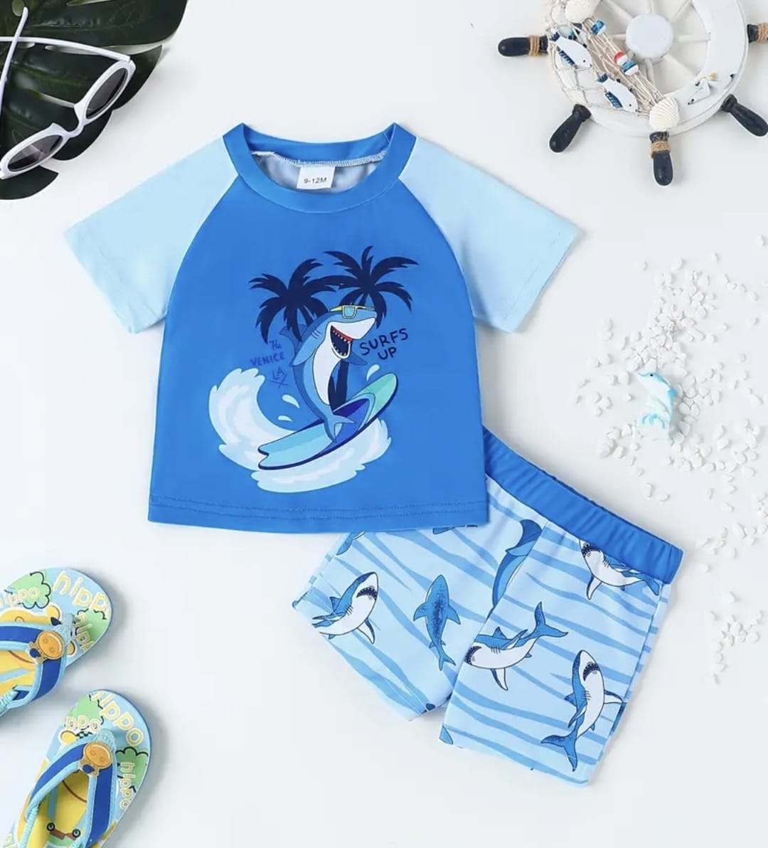 2pcs Boys' Cartoon Shark Surfing Print Swimsuit Set
