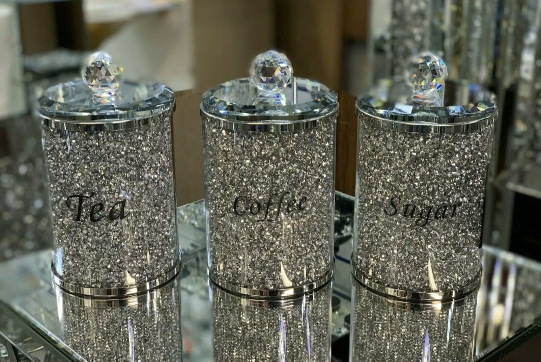 Diamond Crushed Silver Crystal Tea Coffee Sugar Jars