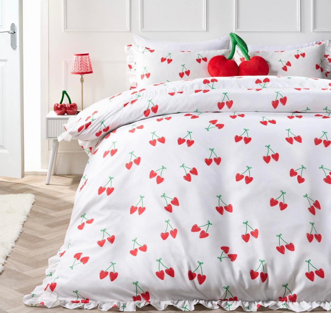 Cherry Print Frill Edge Double Duvet Set