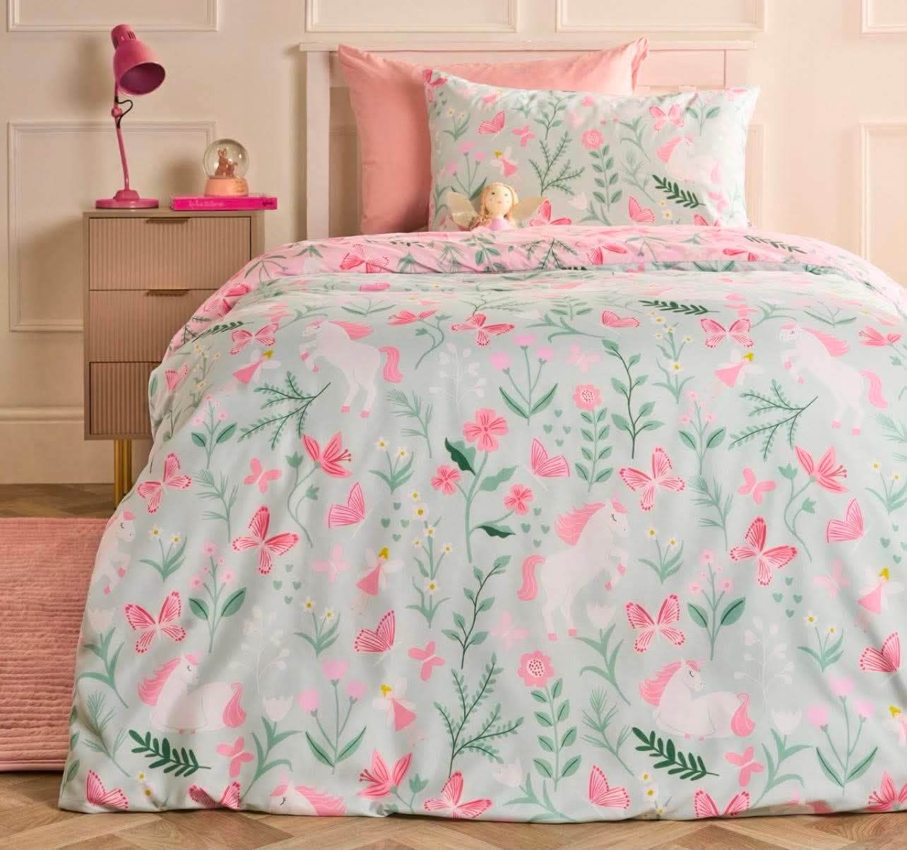 Enchanted Unicorn Print Duvet Cover Set - Sage/Pink