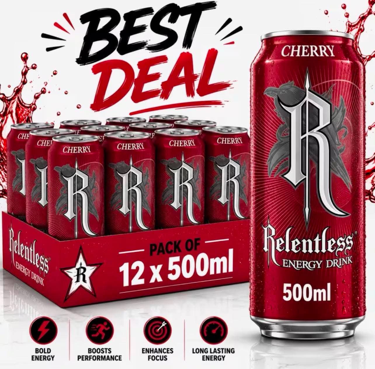 Relentless Cherry Energy Drink Pack of 12 x 500ml