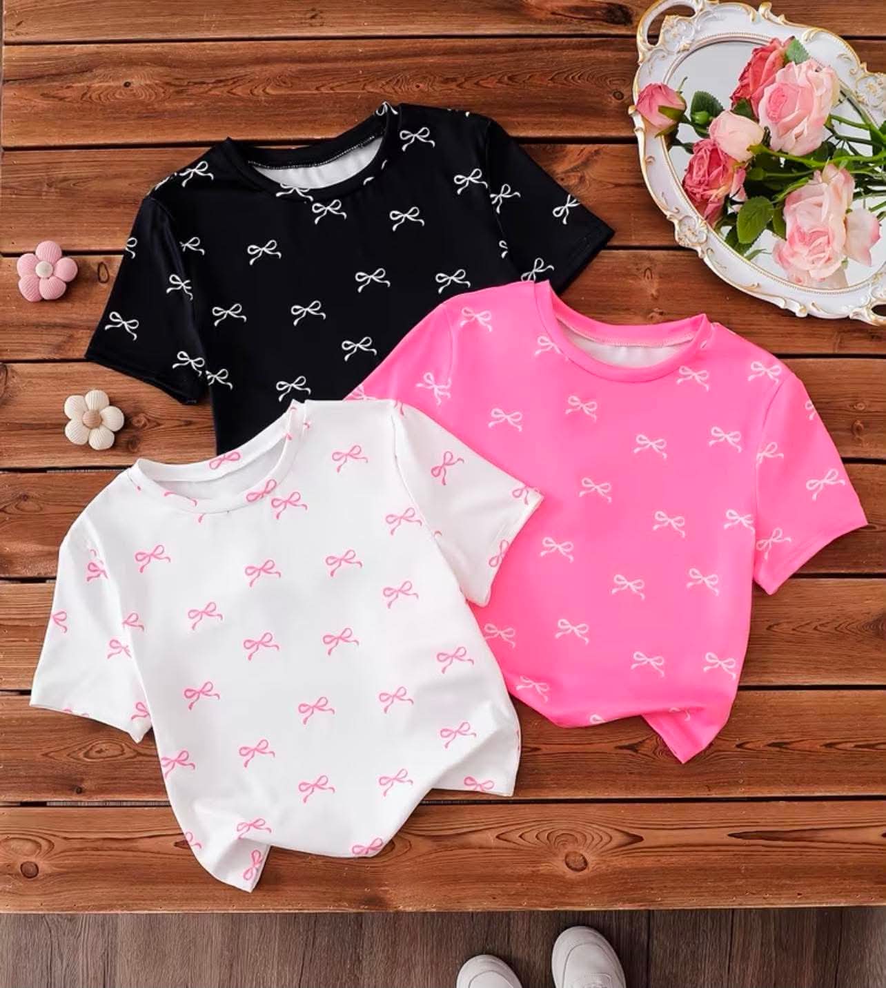 Girls' Bow T-Shirt Black White Pink 3pcs Set