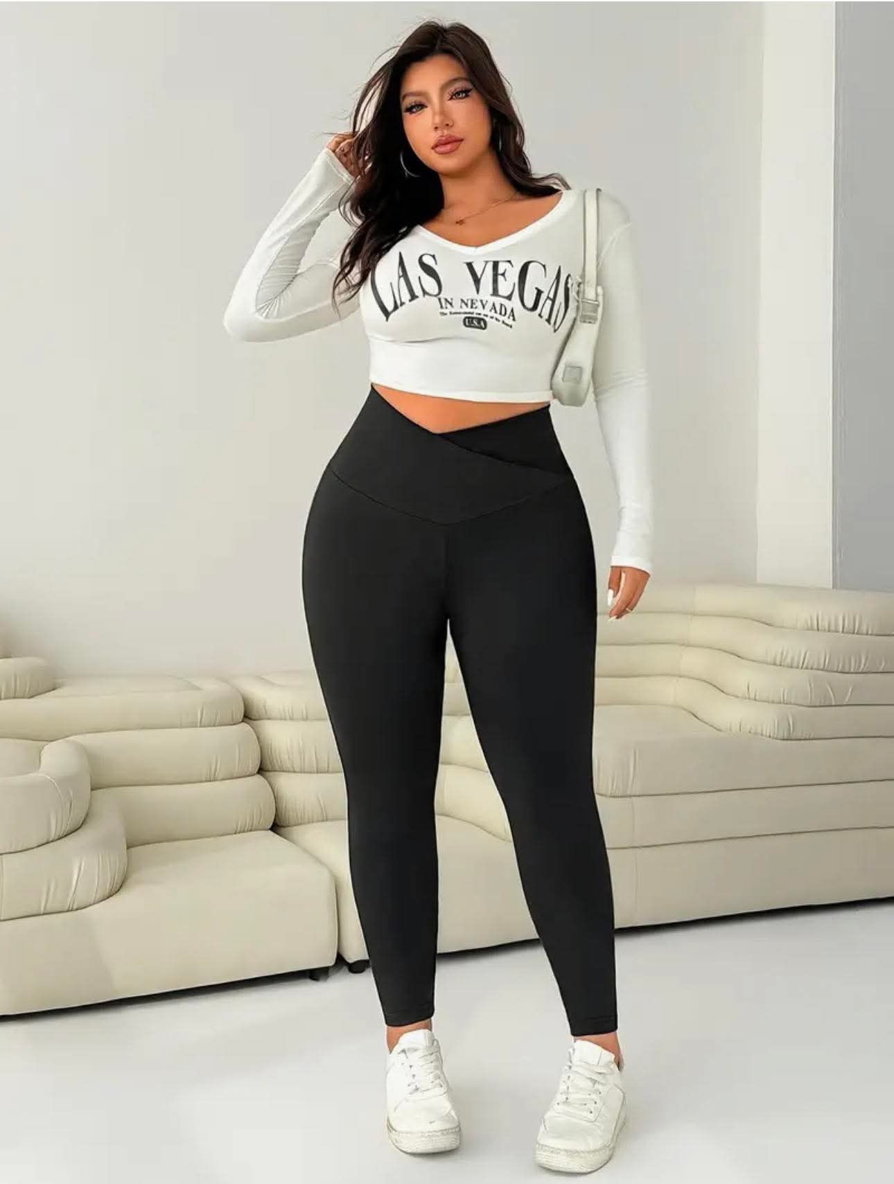 Plus size legging with a cross back waistband
