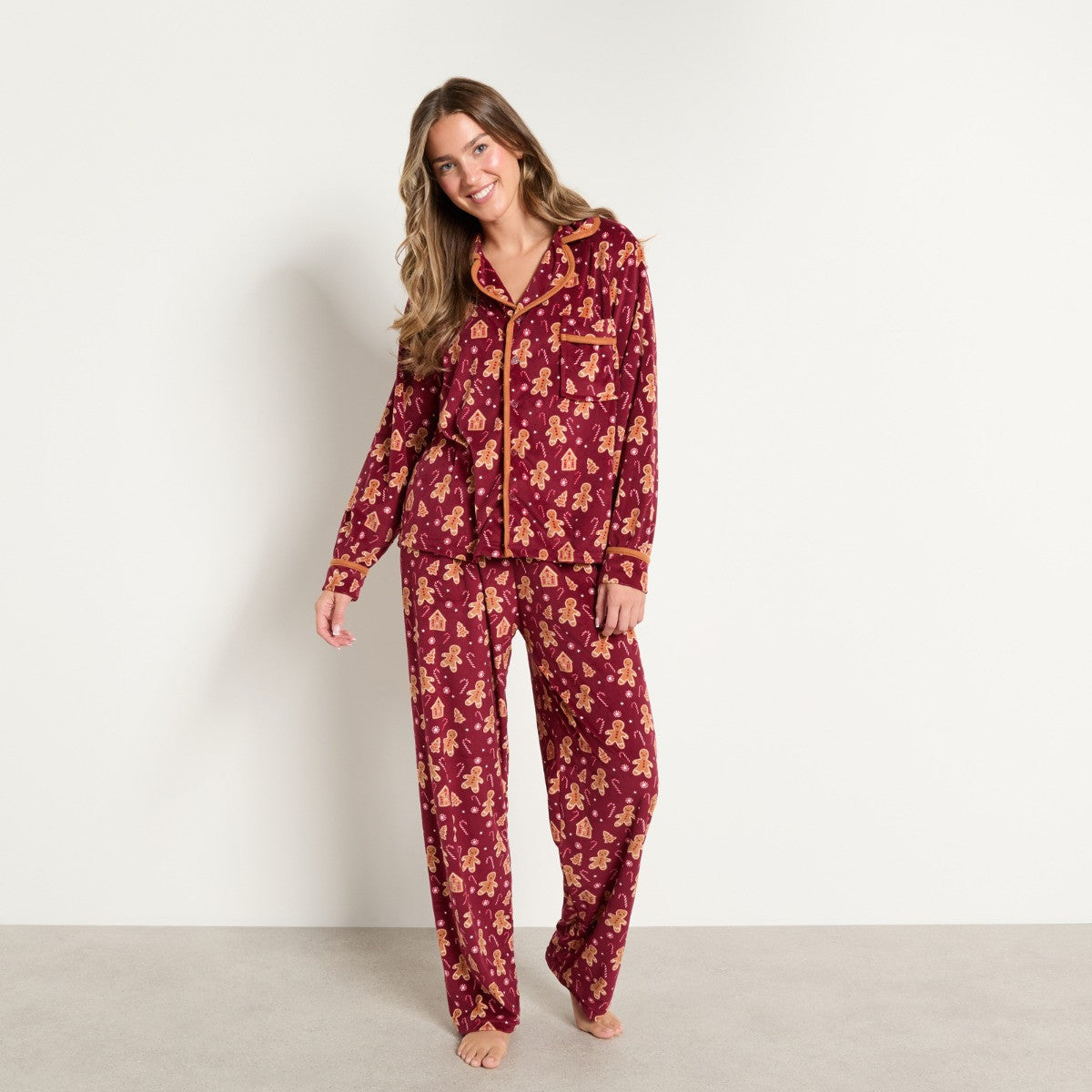 Gingerbread Man Print Matte Velvet Button Through Pyjama Set - Burgundy
