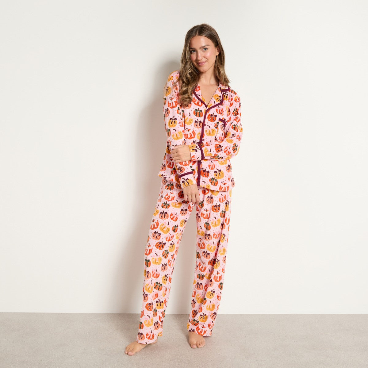 Pumpkin Bow Print Matte Velvet Button Through Pyjama Set - Pink