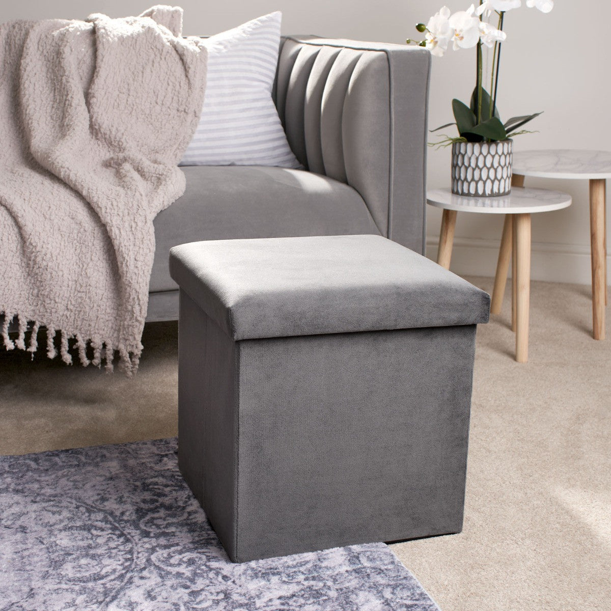 Matte Velvet Cube Storage Ottoman - Charcoal