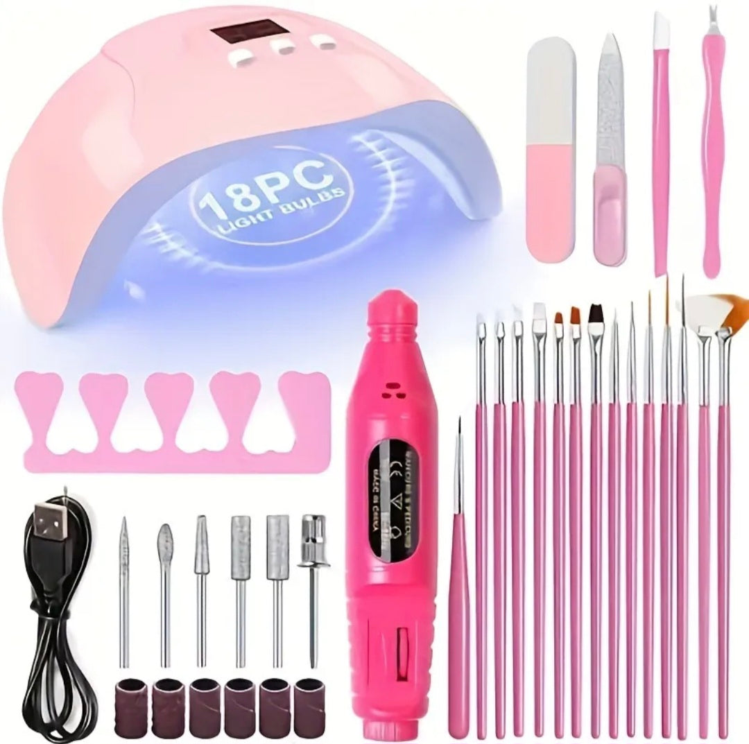 Professional nail art tool set including electric nail drill and UV LED light