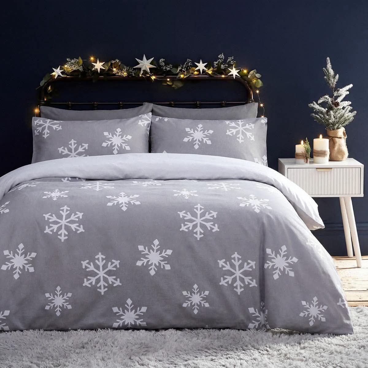 Snowflake print brushed cotton flannelette duvet cover set - grey