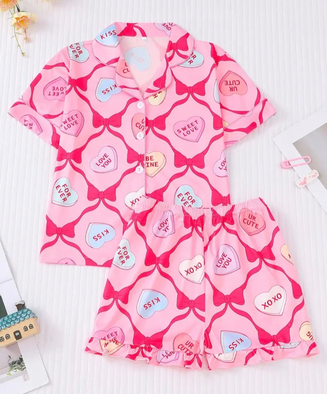 Heart & Bow Letter Print Girls Pyjamas