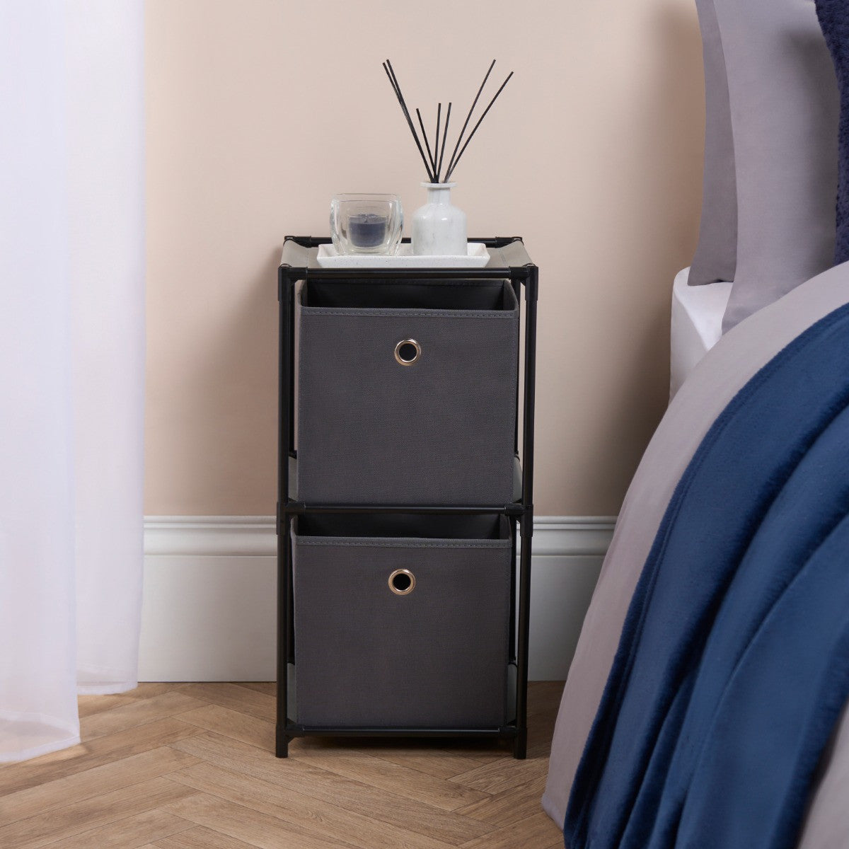 2 Cube Plastic Storage Rack with 2 Fabric Boxes - Grey