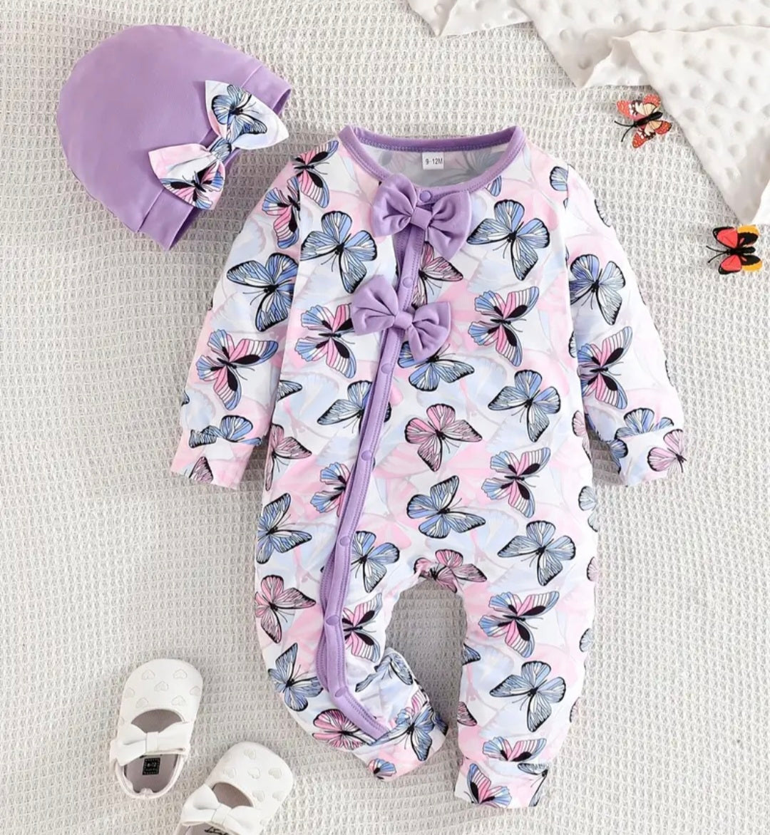 Adorable Butterfly Print Long-Sleeve Romper