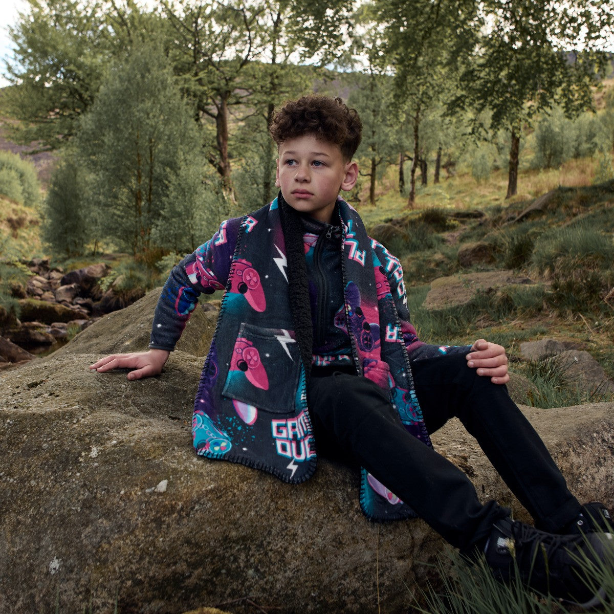 Kids Gaming Fleece Pocket Scarf - Neon