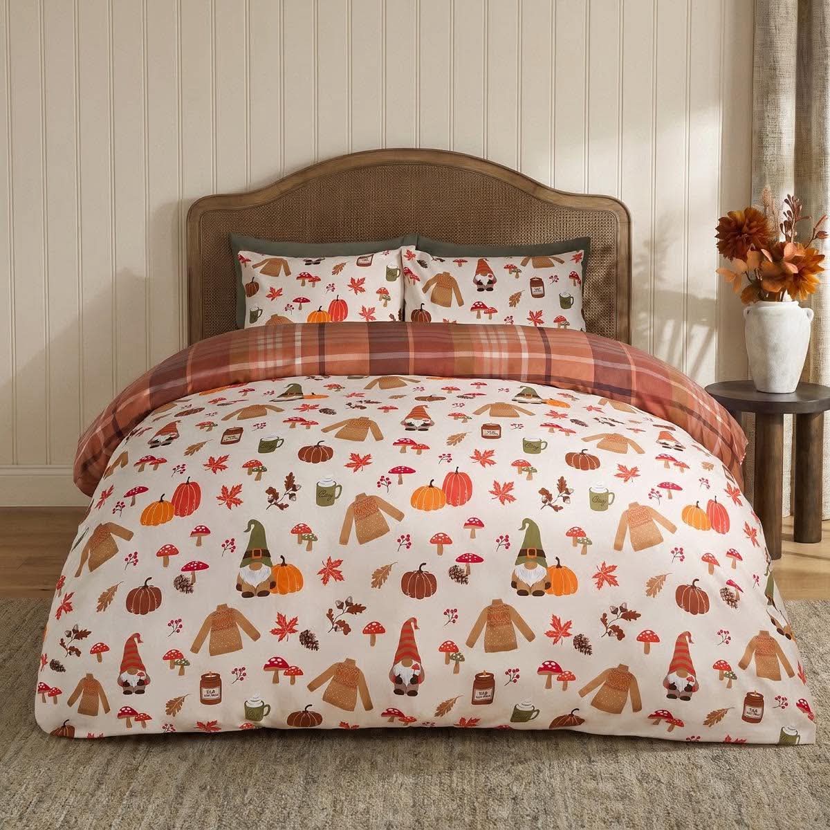 Autumnal novelty checked reversible duvet cover set - cream/rust