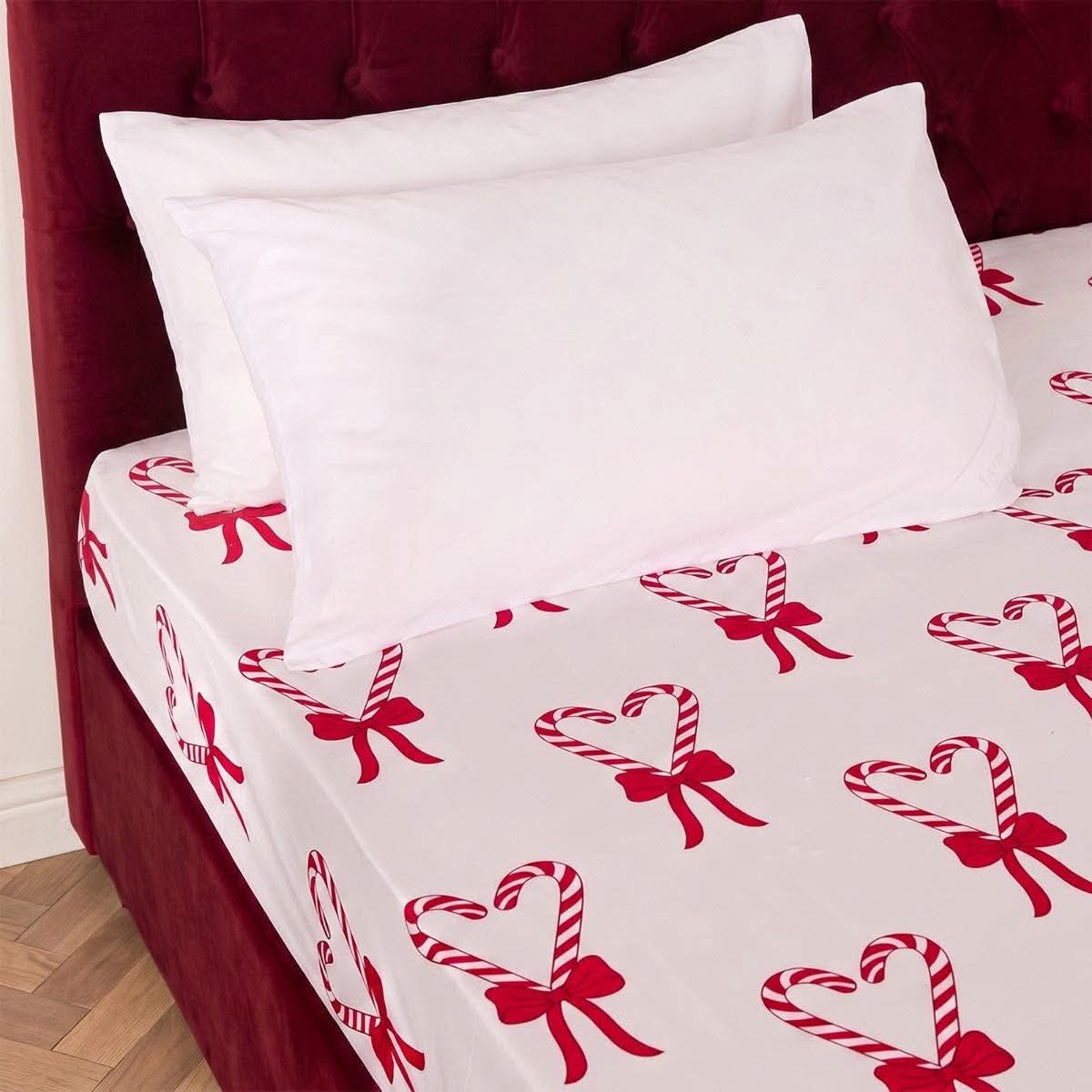 Candy cane heart printed fitted sheet - white/red