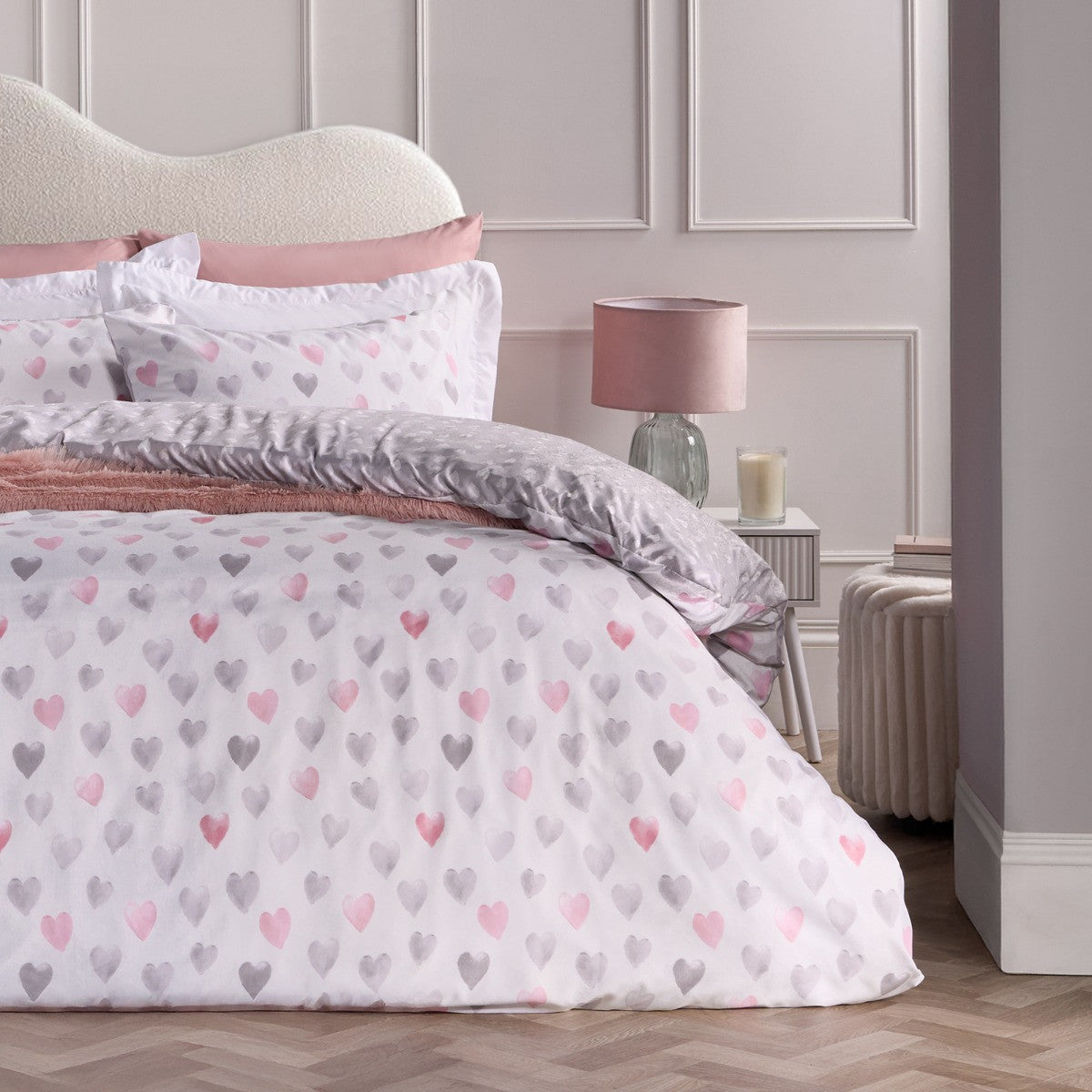 Heart Print Reversible Watercolour Duvet Cover Set