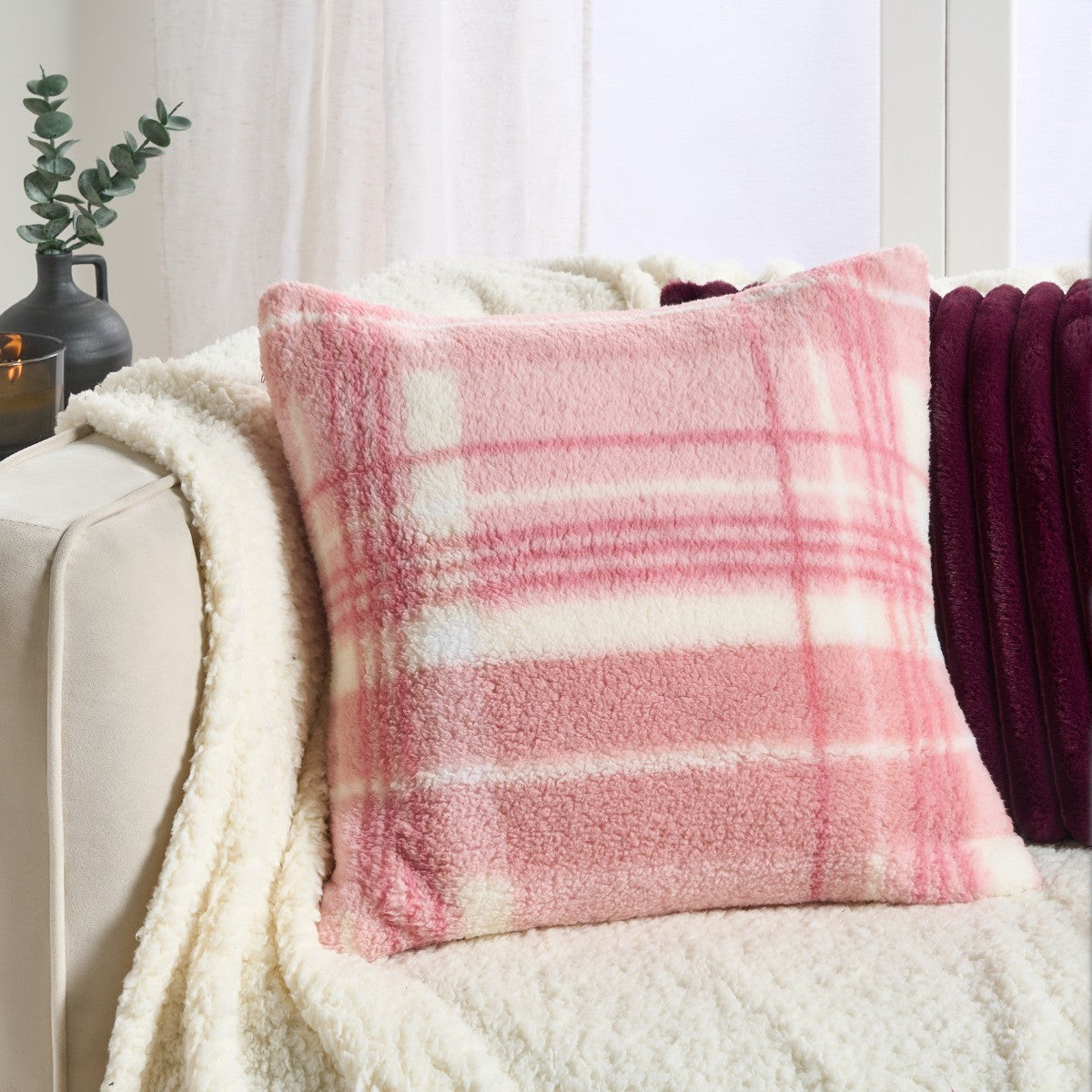 2 Pack Winter Check Teddy Cushion Covers - Blush