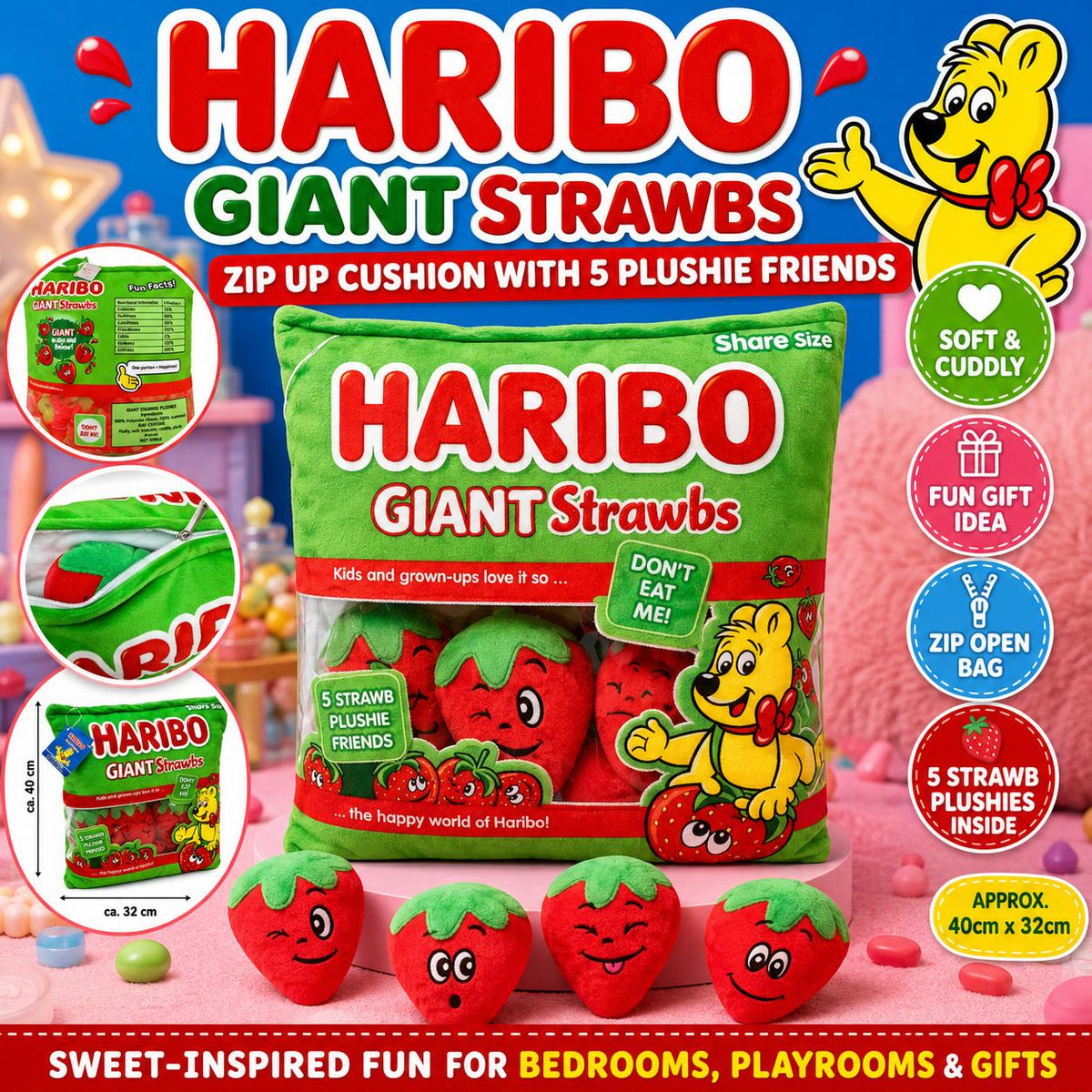 Haribo giant strawbs sweets plushie zip up cushion