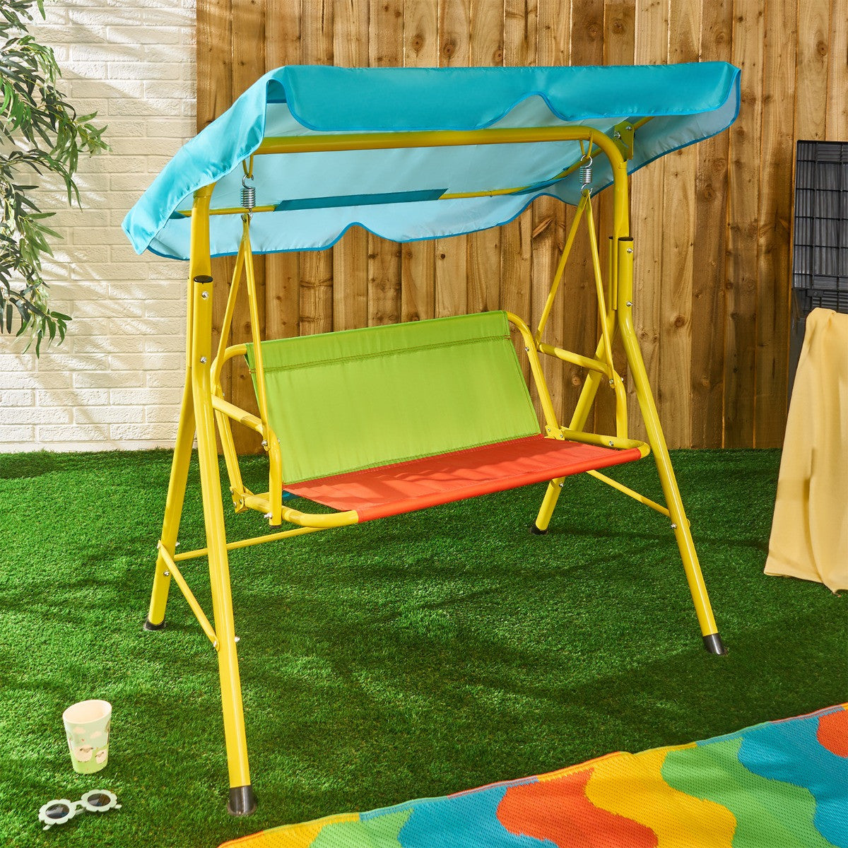 Kids Colour Block Swing Bench with Canopy