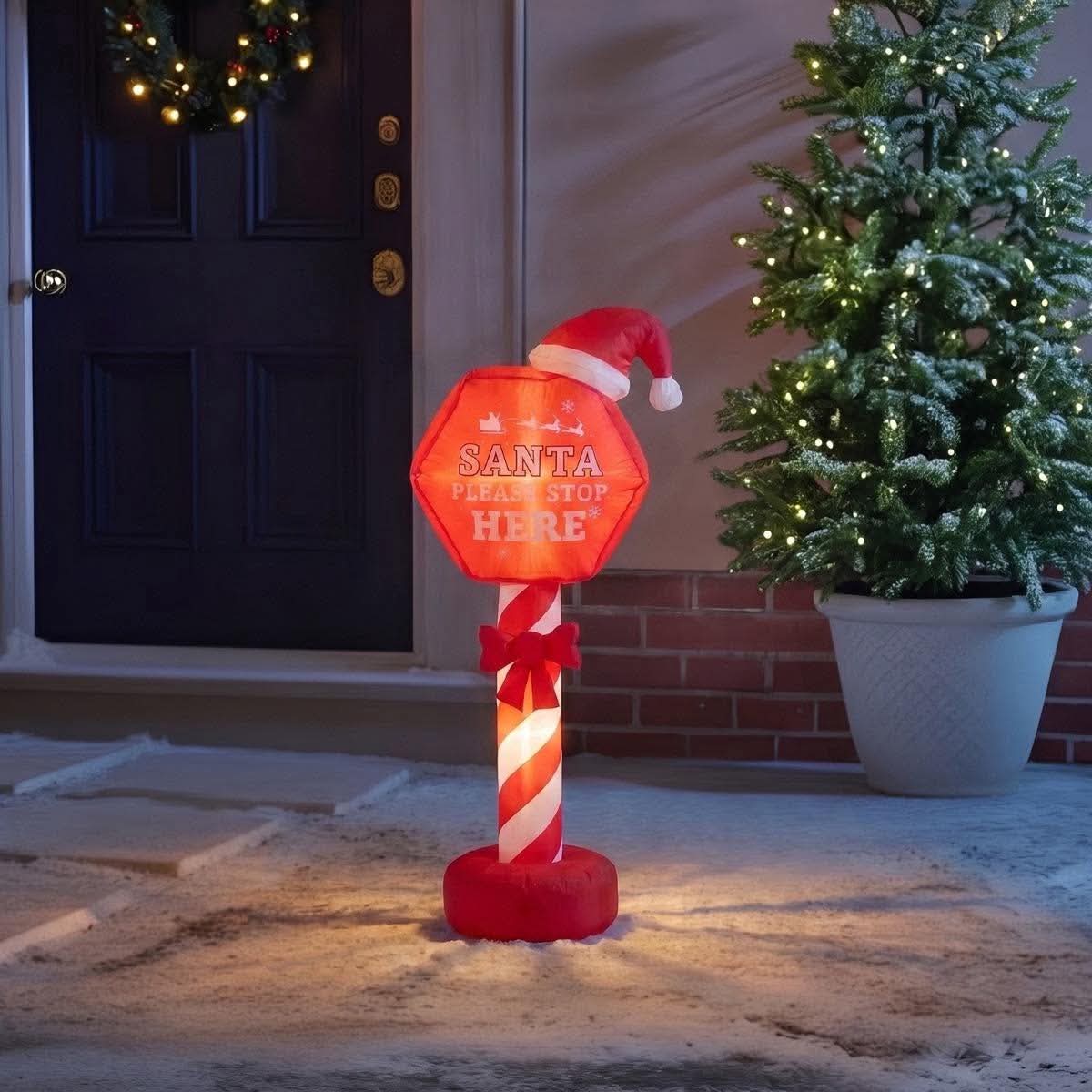 Indoor/outdoor inflatable Santa Stop Here Sign decoration - red