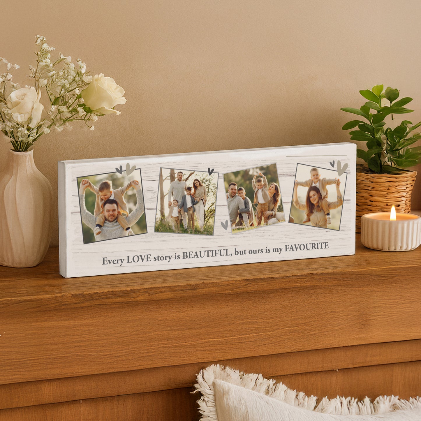 Personalised Photo Upload Hearts Mantel Block