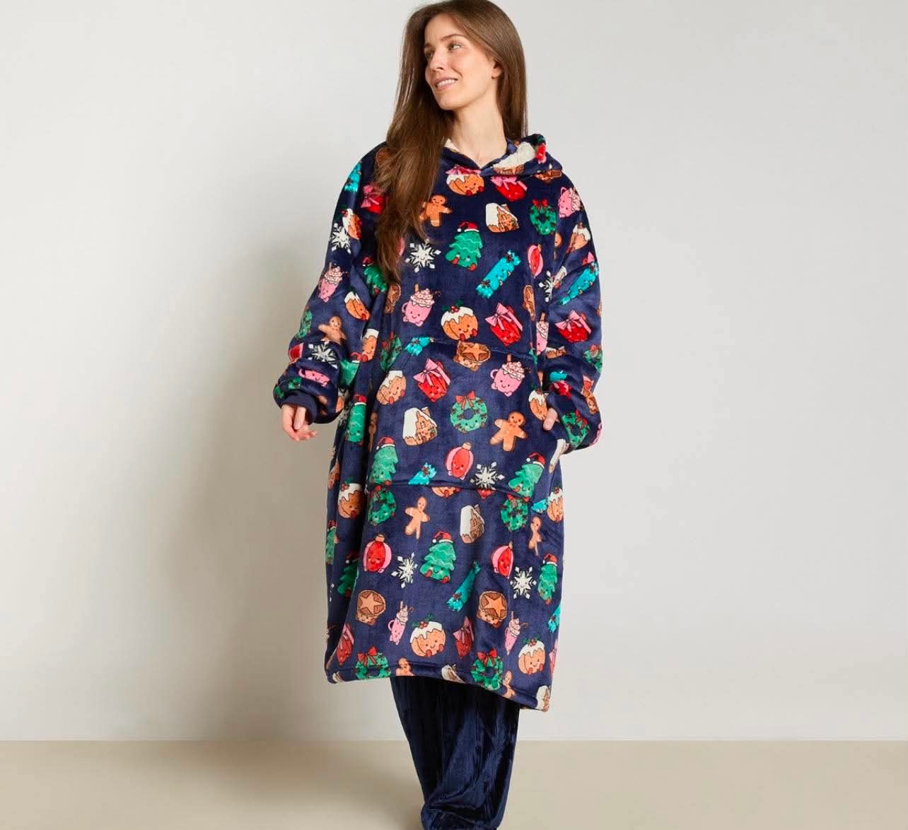 Christmas Sweetie Pies Print Extra Long Hoodie Blanket - Navy