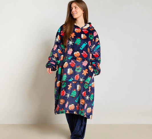 Christmas Sweetie Pies Print Extra Long Hoodie Blanket - Navy
