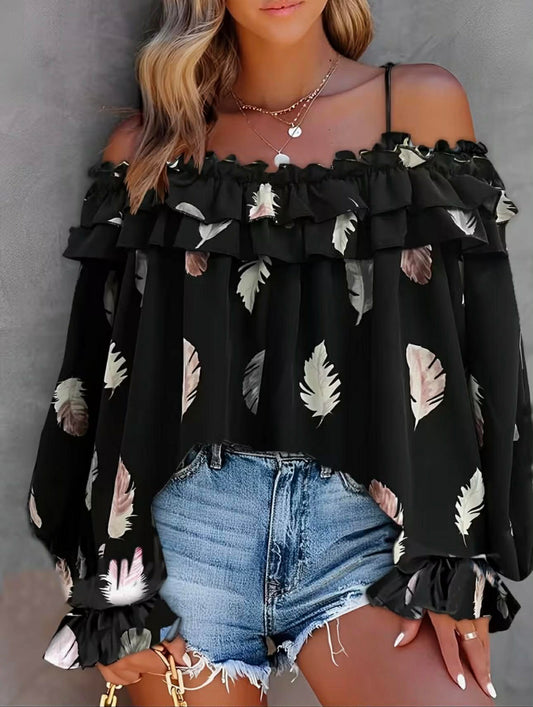 Plus Size Pattern Print Ruffled Lace Off-Shoulder Top