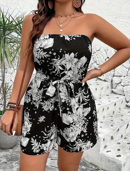 Plus size woman floral print strapless jumpsuit