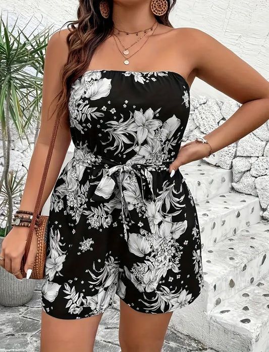 Plus size woman floral print strapless jumpsuit