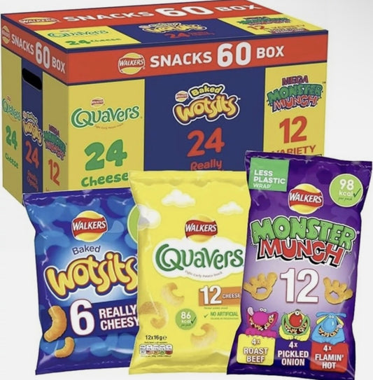 Walkers Snack Crisps Variety Chips Wotsits Quavers Monster Munch Box Pack of 60