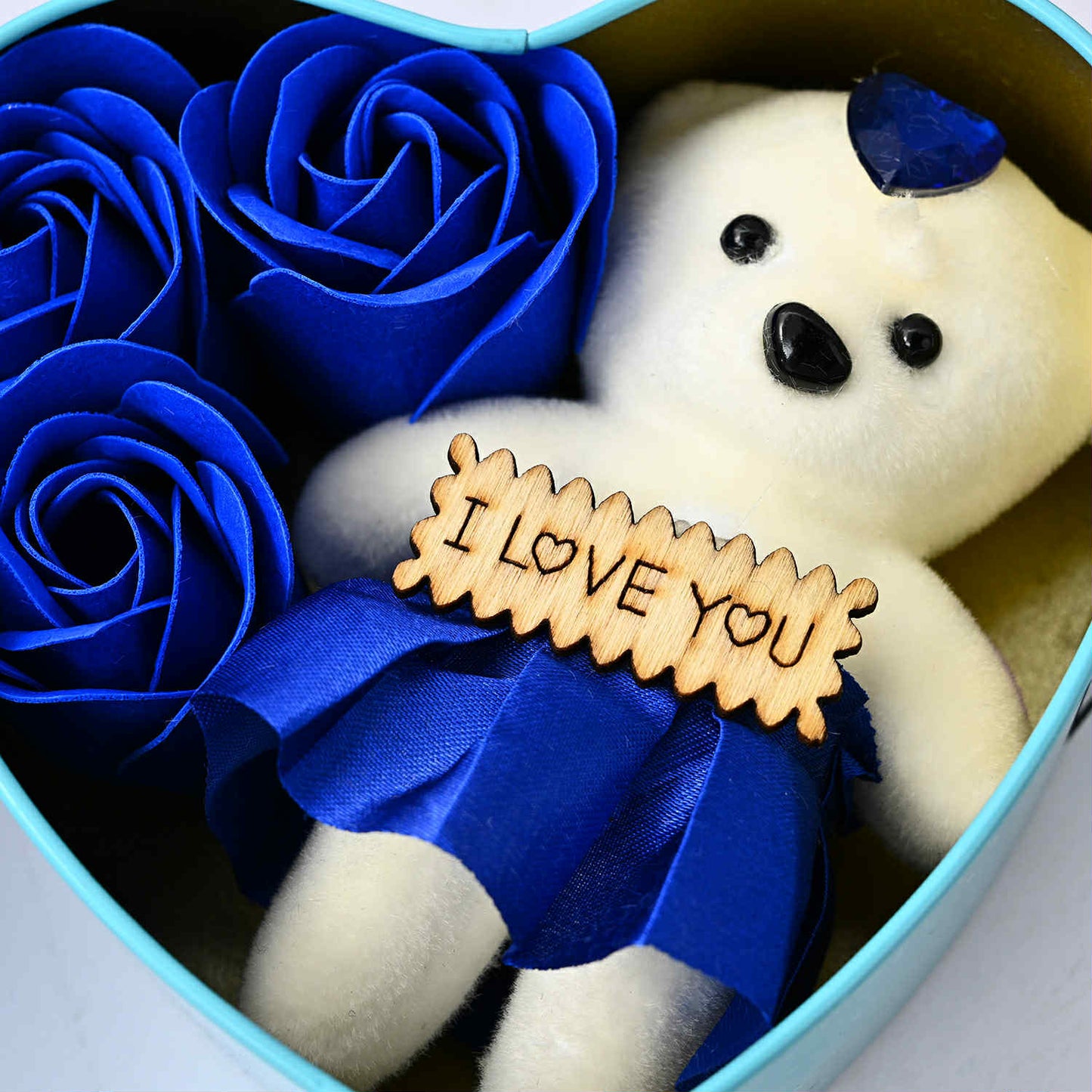 Cute Teddy Bear and Rose Flowers in Heart Shaped Tin (various colours)