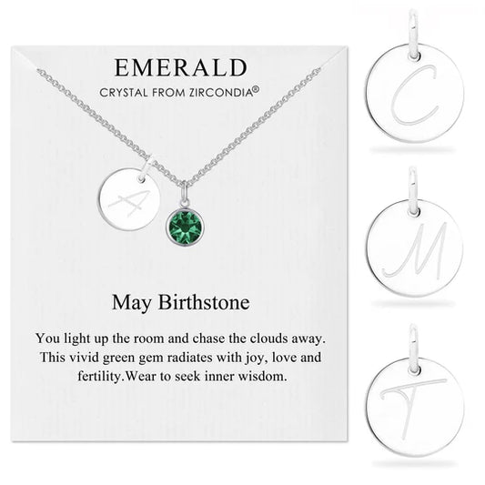May (Emerald) Birthstone Necklace with Initial Charm (A to Z)