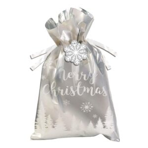 Christmas Gift Bag Jumbo Present Bag & Tag With Pull Ribbon Drawstring Silver Snowflakes Design