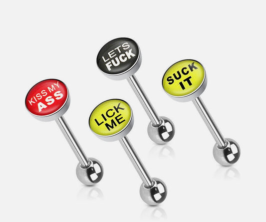4 Pack of Surgical Steel Tongue Bars Barbells with Rude Word Dome Tops