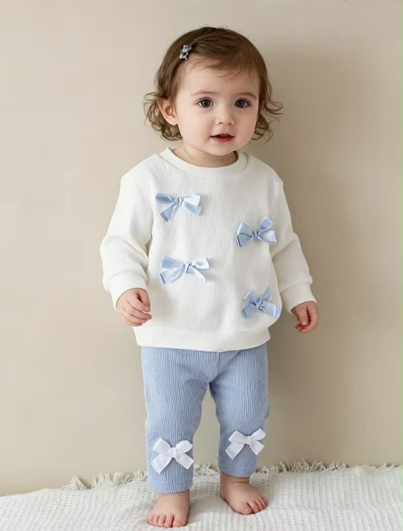 Baby Girl Long-Sleeved Cute Bow Top + Pants 2pcs Set