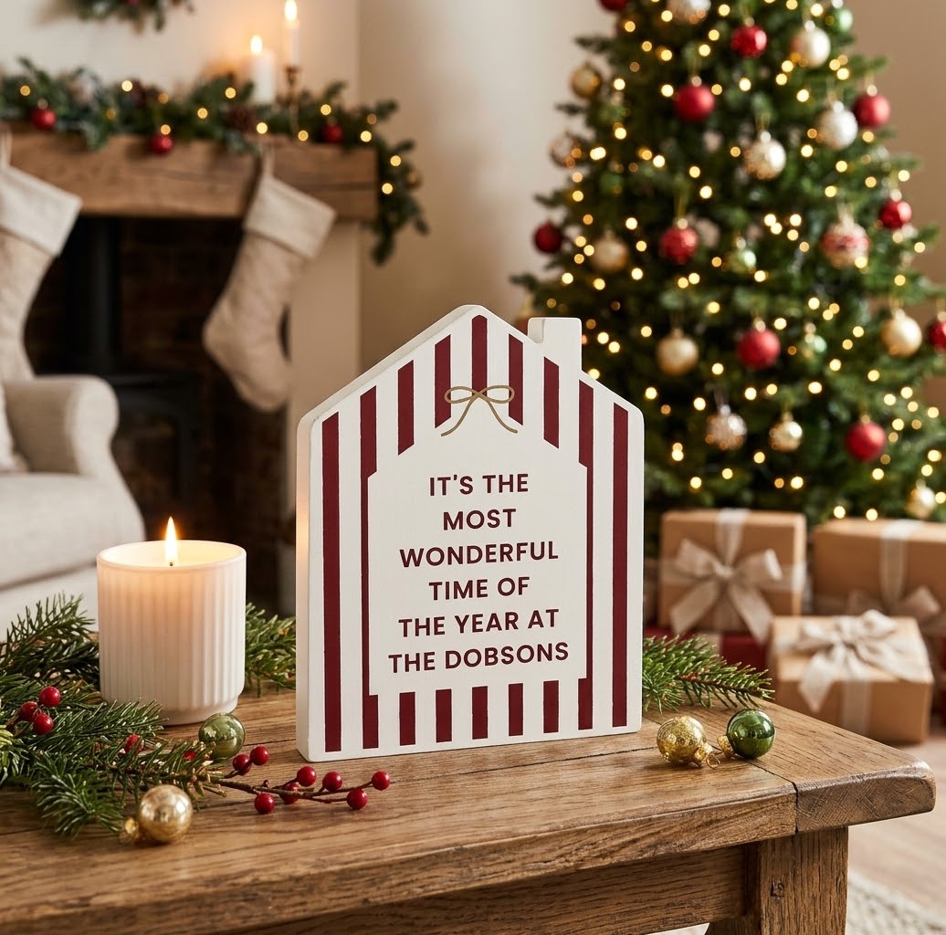 Personalised candy cane stripe wooden house ornament