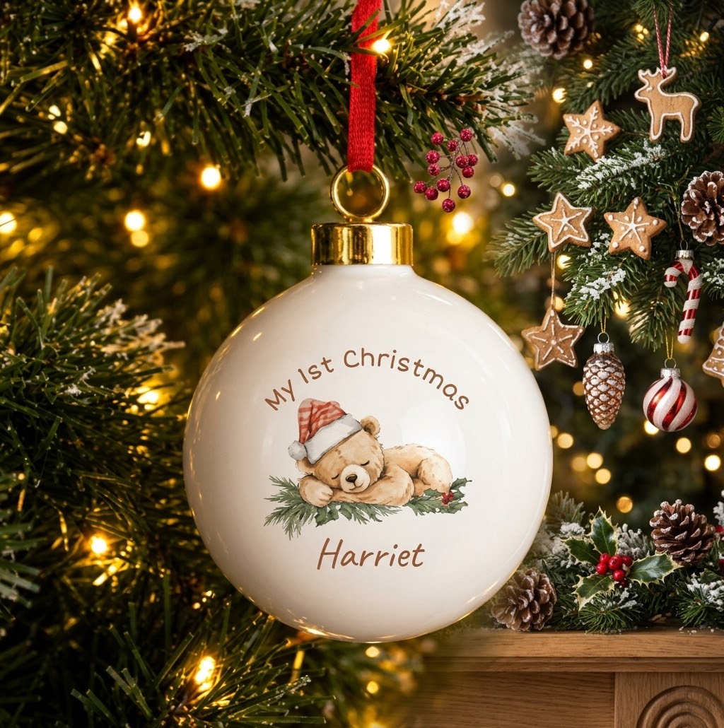 Personalised sleepy christmas bear ceramic bauble