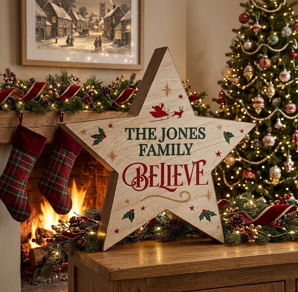 Personalised Believe wooden star ornament
