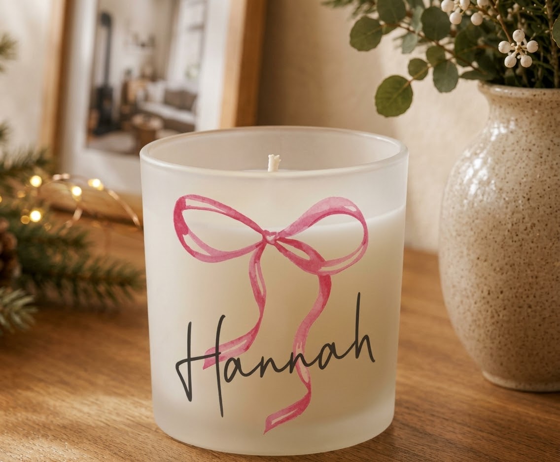 Personalised pink bow candle jar
