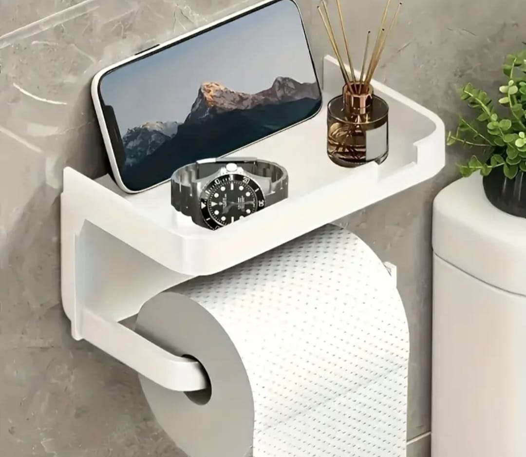 Luxury Self-Adhesive Wall-Mounted Bathroom Tissue Holder with Storage Rack