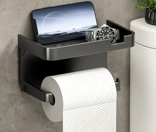 Luxury Self-Adhesive Wall-Mounted Bathroom Tissue Holder with Storage Rack