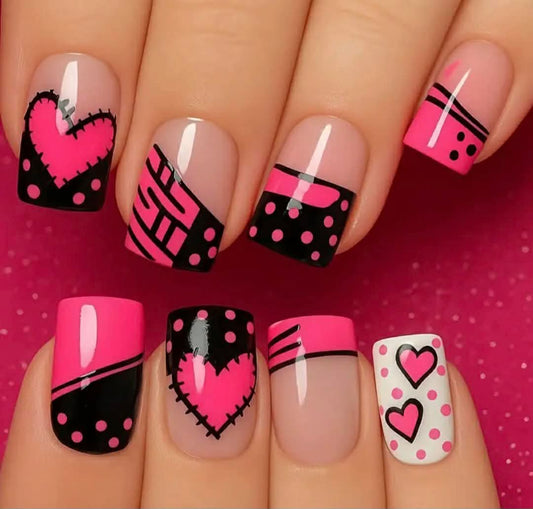 Pink Heart Stripe Polka Dot Nails
