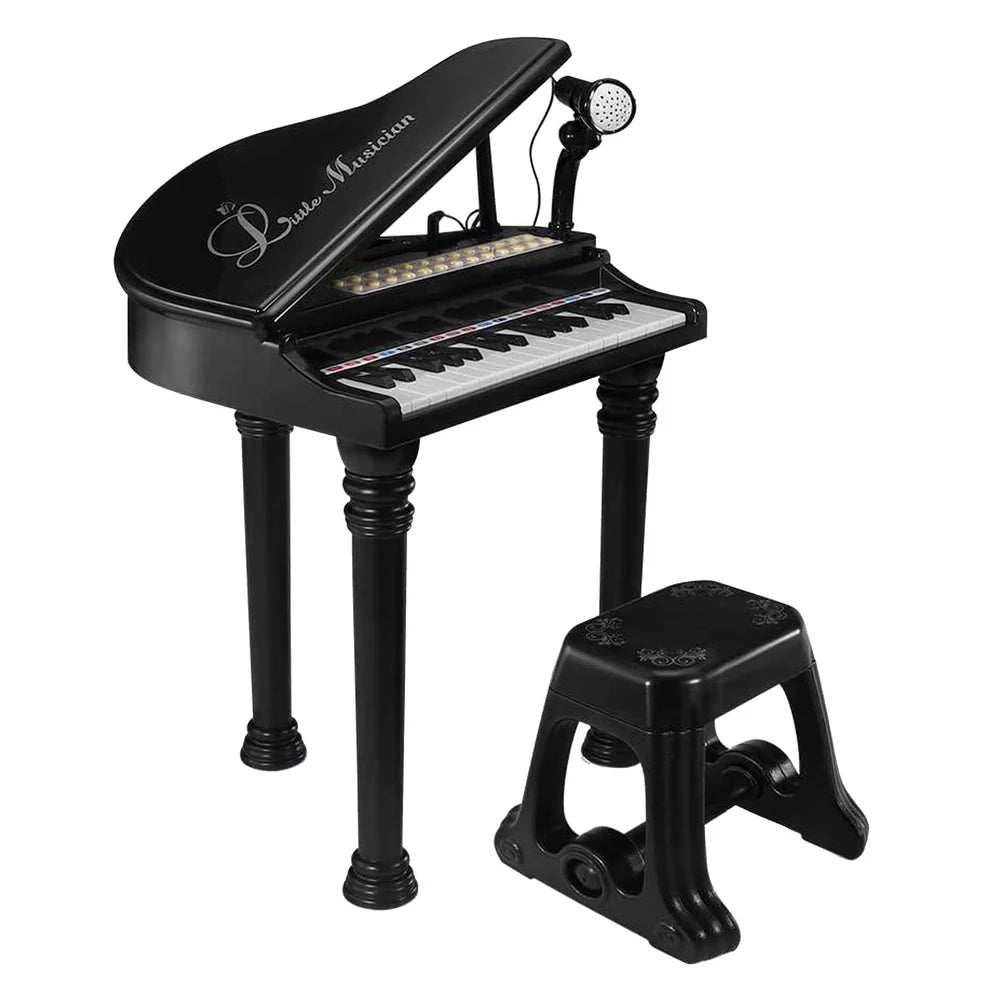 Black Electronic Piano With Microphone and Stool