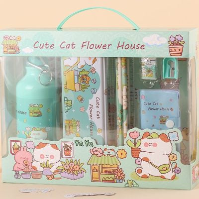 Cute Cat Flower House Stationary Gift Set with Drinking Bottle