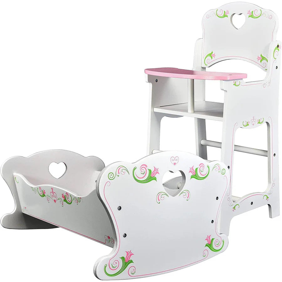 Dolls Wooden High Chair and Cradle Set