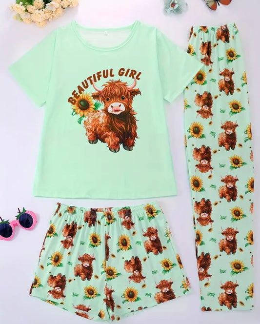 Women’s  3pcs Pajama Set - Cozy Highland Cow Print Loungewear with Short Sleeve Top