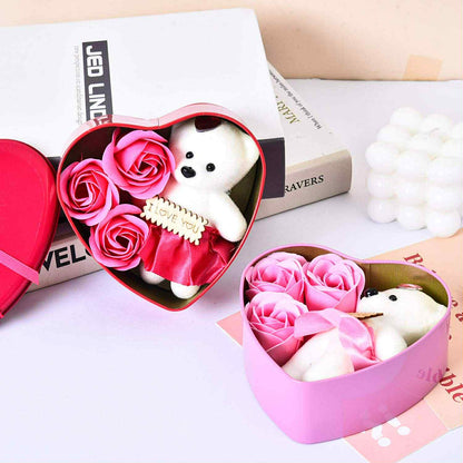 Cute Teddy Bear and Rose Flowers in Heart Shaped Tin (various colours)