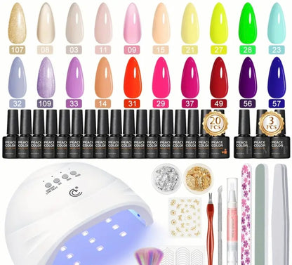 Peacecolor 20-Color Gel Polish Nail Kit with Lamp & Drill Machine - Complete DIY Manicure Set