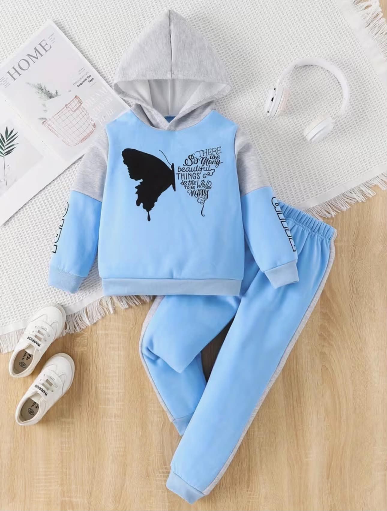 Autumn Color-Block Hooded Sweatshirt & Joggers Butterfly Print