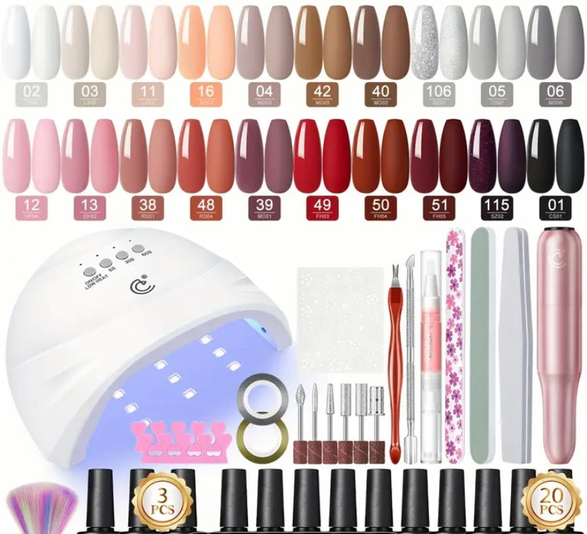Peacecolor 20-Color Gel Polish Nail Kit with Lamp & Drill Machine - Complete DIY Manicure Set